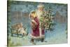 Postcard with Santa Claus Holding a Christmas Tree-null-Stretched Canvas