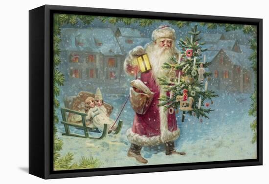 Postcard with Santa Claus Holding a Christmas Tree-null-Framed Stretched Canvas