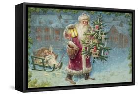 Postcard with Santa Claus Holding a Christmas Tree-null-Framed Stretched Canvas