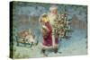 Postcard with Santa Claus Holding a Christmas Tree-null-Stretched Canvas