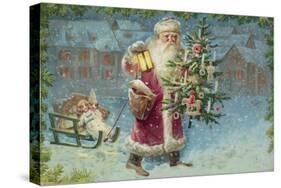 Postcard with Santa Claus Holding a Christmas Tree-null-Stretched Canvas