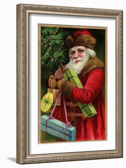 Postcard with Santa Claus Holding Presents-Trolley Dodger-Framed Giclee Print