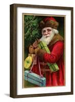 Postcard with Santa Claus Holding Presents-Trolley Dodger-Framed Giclee Print