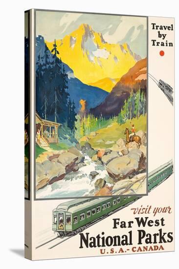 Poster adverting train travel to National Parks. Printed by Newman-Monroe Co., Chicago, ca. 1930-null-Stretched Canvas