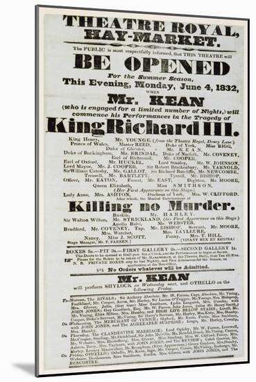 Poster Advertising Edmund Kean (1787-1833) in 'Richard III' at the Theatre Royal, Haymarket, 1832-null-Mounted Giclee Print
