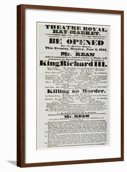 Poster Advertising Edmund Kean (1787-1833) in 'Richard III' at the Theatre Royal, Haymarket, 1832-null-Framed Giclee Print