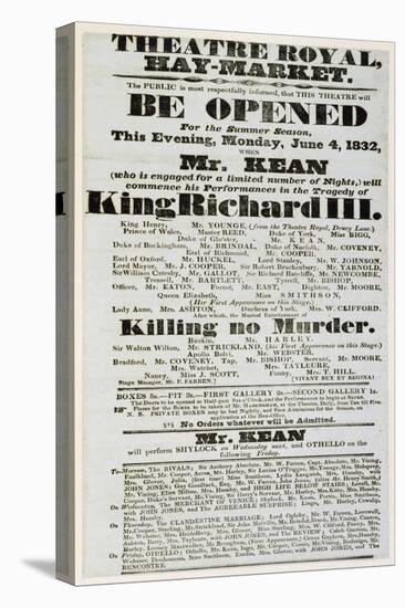 Poster Advertising Edmund Kean (1787-1833) in 'Richard III' at the Theatre Royal, Haymarket, 1832-null-Stretched Canvas