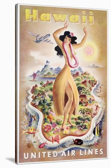 Poster Advertising Flights to Hawaii with United Air Lines, C.1950-null-Stretched Canvas