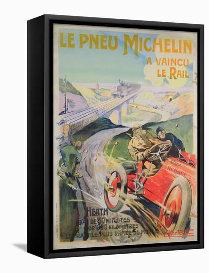 Poster Advertising 'Michelin Tyres are Faster Than Rail!'-Ernest Montaut-Framed Stretched Canvas