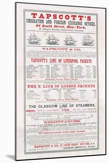 Poster Advertising Tapscott's Emigration and Foreign Exchange Offices, New York, January 1859-null-Mounted Giclee Print