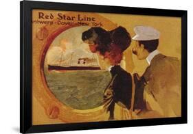 Poster Advertising the 'Red Star Line' from Antwerp to New York Via Dover-English School-Framed Giclee Print