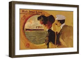 Poster Advertising the 'Red Star Line' from Antwerp to New York Via Dover-English School-Framed Giclee Print