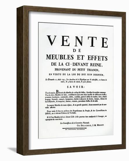 Poster Advertising the Sale of Marie-Antoinette's Furniture and Effects on the 25th August, 1793-null-Framed Giclee Print
