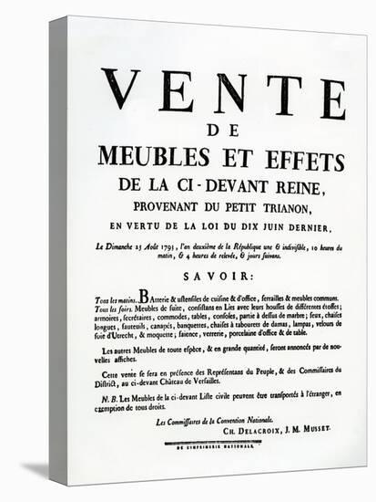 Poster Advertising the Sale of Marie-Antoinette's Furniture and Effects on the 25th August, 1793-null-Stretched Canvas