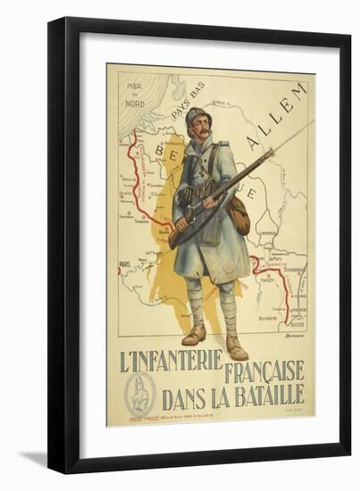 Poster Depicting a French Infantry Soldier, Holding a Rifle. a Map Of Europe Behind Him-null-Framed Giclee Print