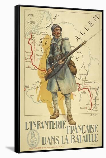 Poster Depicting a French Infantry Soldier, Holding a Rifle. a Map Of Europe Behind Him-null-Framed Stretched Canvas