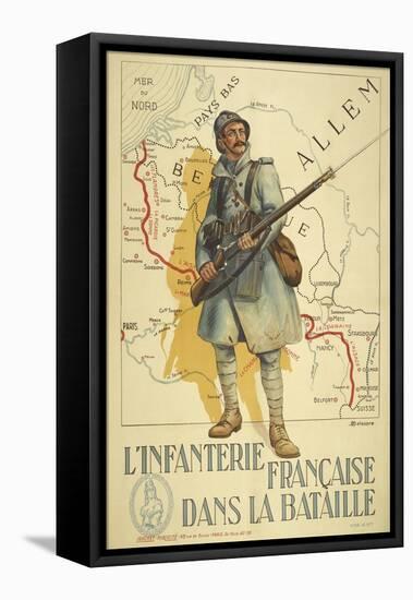 Poster Depicting a French Infantry Soldier, Holding a Rifle. a Map Of Europe Behind Him-null-Framed Stretched Canvas