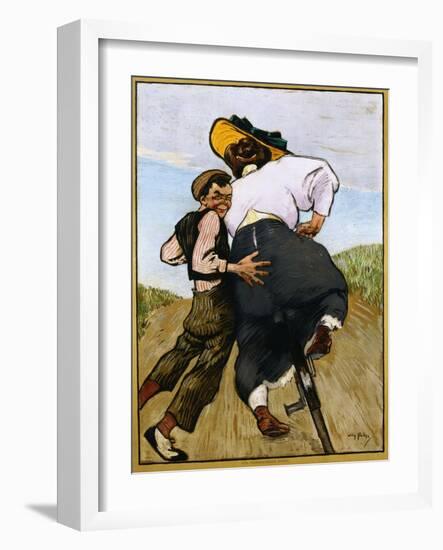 Poster Depicting a Man Helping a Female Cyclist by Willy Sluiter-null-Framed Giclee Print