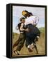 Poster Depicting a Man Helping a Female Cyclist by Willy Sluiter-null-Framed Stretched Canvas