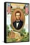 Poster Depicting Abraham Lincoln, the White House and the Log Cabin in Which He Was Born-null-Framed Stretched Canvas