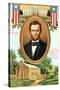 Poster Depicting Abraham Lincoln, the White House and the Log Cabin in Which He Was Born-null-Stretched Canvas