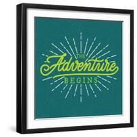 Poster, Hand Lettering, Calligraphy, Logo Badge with Rays on Grunge Background. the Adventure Begin-aprelsky-Framed Art Print