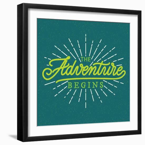 Poster, Hand Lettering, Calligraphy, Logo Badge with Rays on Grunge Background. the Adventure Begin-aprelsky-Framed Art Print