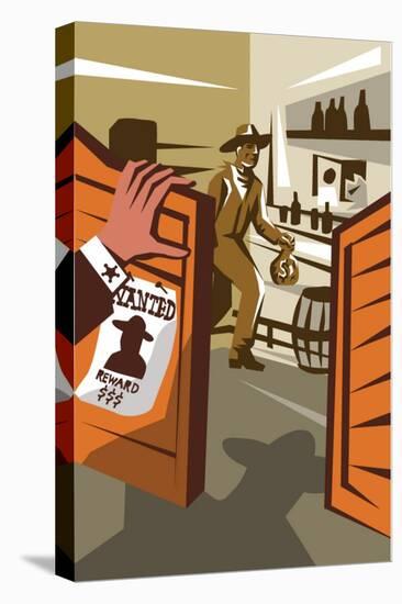 Poster Illustration of an Outlaw Cowboy Robber Holding Bag of Money Stealing from Saloon with Hand-patrimonio designs ltd-Stretched Canvas