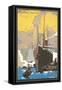 Poster of Ocean Liner, Skyscrapers, New York City-null-Framed Stretched Canvas