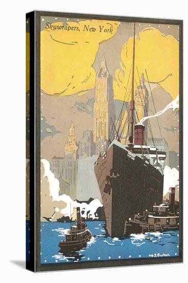 Poster of Ocean Liner, Skyscrapers, New York City-null-Stretched Canvas