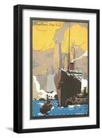 Poster of Ocean Liner, Skyscrapers, New York City-null-Framed Art Print