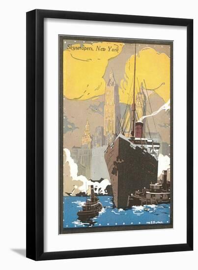 Poster of Ocean Liner, Skyscrapers, New York City-null-Framed Art Print