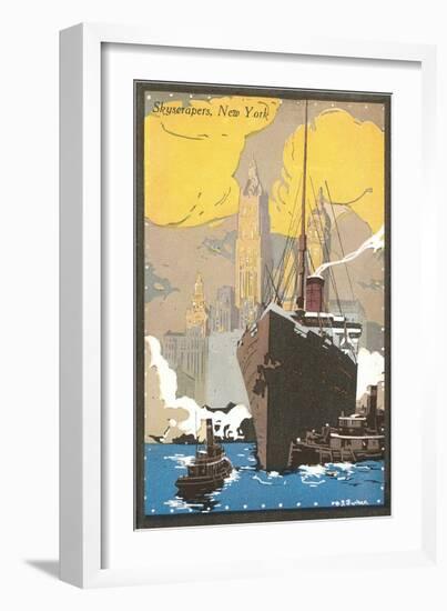 Poster of Ocean Liner, Skyscrapers, New York City-null-Framed Art Print