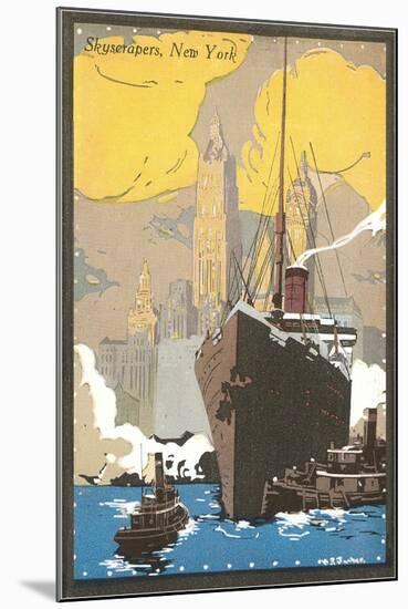 Poster of Ocean Liner, Skyscrapers, New York City-null-Mounted Art Print