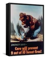 Poster of Smokey the Bear Putting Out a Forest Fire, "Care Will Prevent 9 Out of 10 Forest Fires!"-null-Framed Stretched Canvas