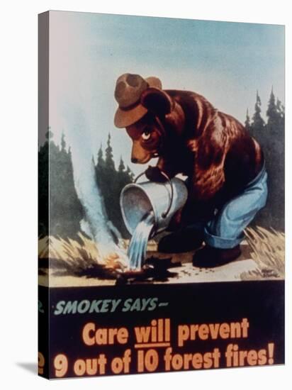 Poster of Smokey the Bear Putting Out a Forest Fire, "Care Will Prevent 9 Out of 10 Forest Fires!"-null-Stretched Canvas