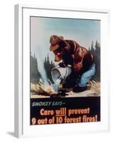 Poster of Smokey the Bear Putting Out a Forest Fire, "Care Will Prevent 9 Out of 10 Forest Fires!"-null-Framed Premium Photographic Print