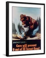 Poster of Smokey the Bear Putting Out a Forest Fire, "Care Will Prevent 9 Out of 10 Forest Fires!"-null-Framed Premium Photographic Print