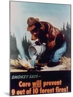 Poster of Smokey the Bear Putting Out a Forest Fire, "Care Will Prevent 9 Out of 10 Forest Fires!"-null-Mounted Premium Photographic Print