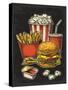 Poster with Fast Food. Cup Cola, Hamburger, Hotdog, Fry Potato in Red Paper Box, Carton Bucket Popc-MoreVector-Stretched Canvas