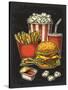 Poster with Fast Food. Cup Cola, Hamburger, Hotdog, Fry Potato in Red Paper Box, Carton Bucket Popc-MoreVector-Stretched Canvas