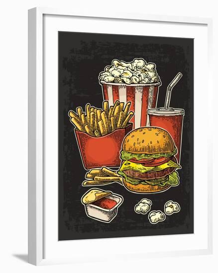 Poster with Fast Food. Cup Cola, Hamburger, Hotdog, Fry Potato in Red Paper Box, Carton Bucket Popc-MoreVector-Framed Art Print