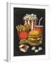 Poster with Fast Food. Cup Cola, Hamburger, Hotdog, Fry Potato in Red Paper Box, Carton Bucket Popc-MoreVector-Framed Art Print