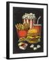 Poster with Fast Food. Cup Cola, Hamburger, Hotdog, Fry Potato in Red Paper Box, Carton Bucket Popc-MoreVector-Framed Art Print