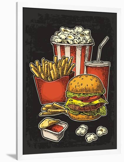 Poster with Fast Food. Cup Cola, Hamburger, Hotdog, Fry Potato in Red Paper Box, Carton Bucket Popc-MoreVector-Framed Art Print