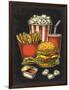 Poster with Fast Food. Cup Cola, Hamburger, Hotdog, Fry Potato in Red Paper Box, Carton Bucket Popc-MoreVector-Framed Art Print