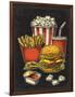 Poster with Fast Food. Cup Cola, Hamburger, Hotdog, Fry Potato in Red Paper Box, Carton Bucket Popc-MoreVector-Framed Art Print