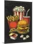 Poster with Fast Food. Cup Cola, Hamburger, Hotdog, Fry Potato in Red Paper Box, Carton Bucket Popc-MoreVector-Mounted Art Print