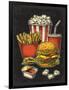 Poster with Fast Food. Cup Cola, Hamburger, Hotdog, Fry Potato in Red Paper Box, Carton Bucket Popc-MoreVector-Framed Art Print