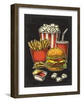 Poster with Fast Food. Cup Cola, Hamburger, Hotdog, Fry Potato in Red Paper Box, Carton Bucket Popc-MoreVector-Framed Art Print